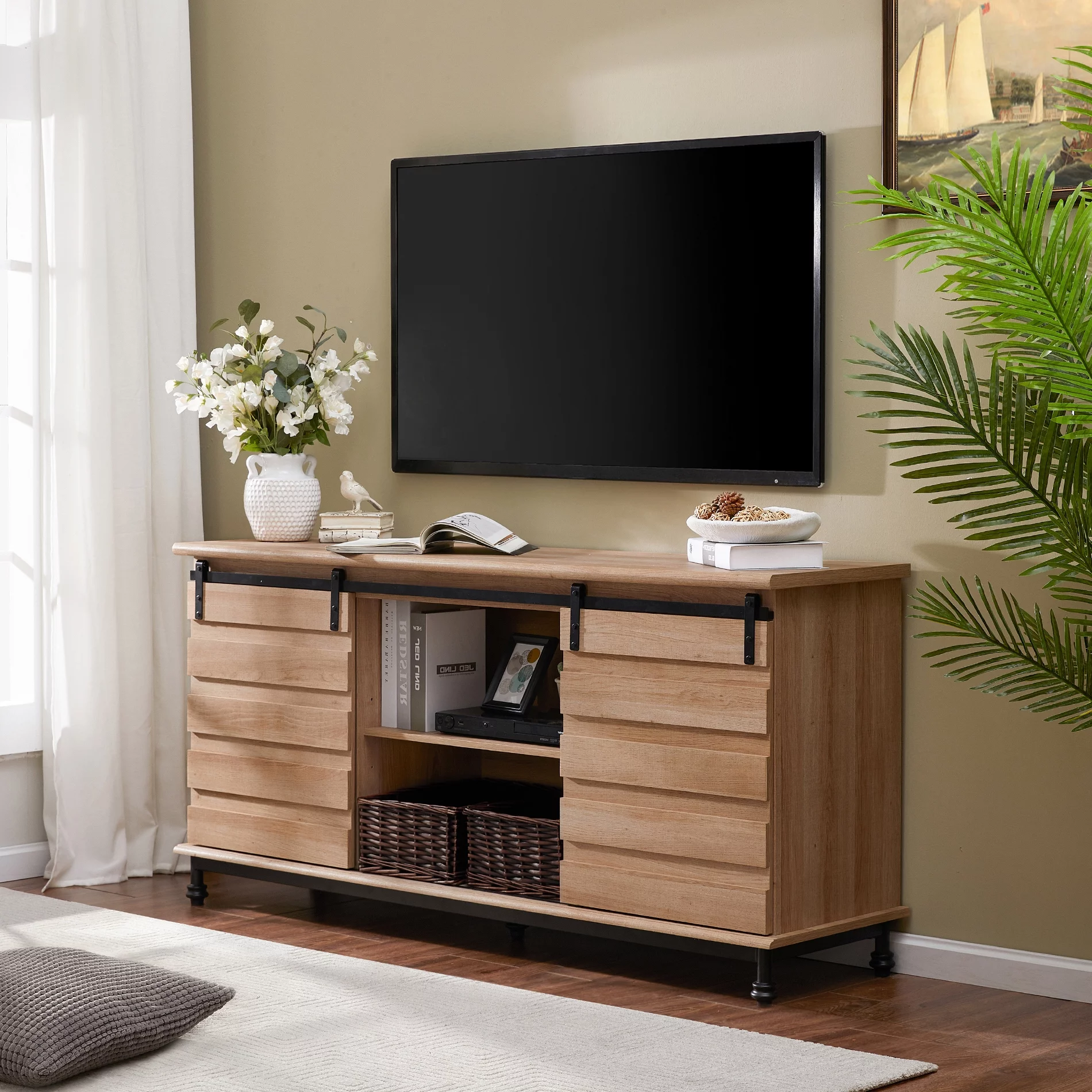 WAMPAT Farmhouse TV Stand with Sliding Barn Door for TVs up to 70 Inches,Modern Entertainment Center for Living Room, 3-Level Adjustable Shelf