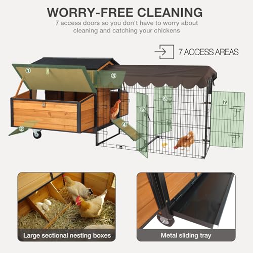 Ultimate Chicken Coop with Wheels - Spacious 76" Metal Frame Chicken House with 6 Nesting Box and Leakproof Pull-on Tray