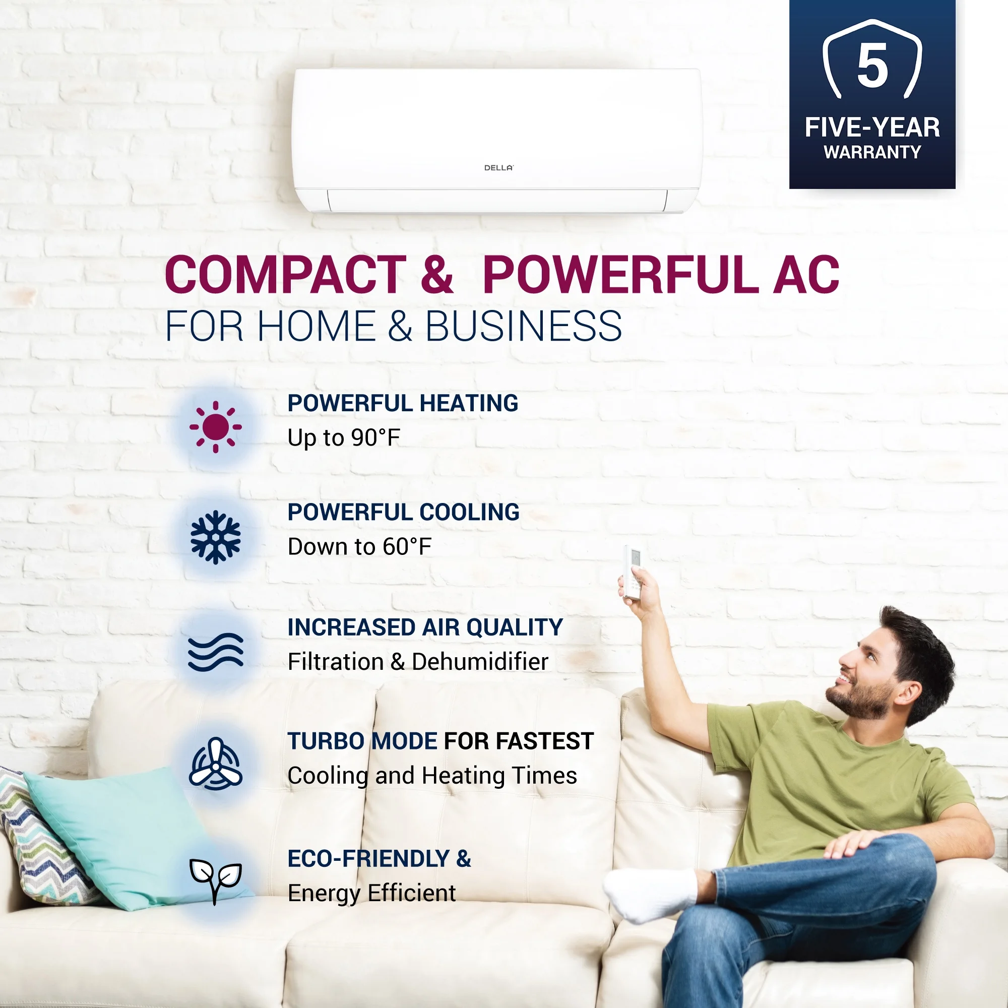 DELLA 9000 BTU Wifi Enabled Mini Split 17 SEER2 Cools Up to 450 Sq.Ft, 208V-230V, Works with Alexa
