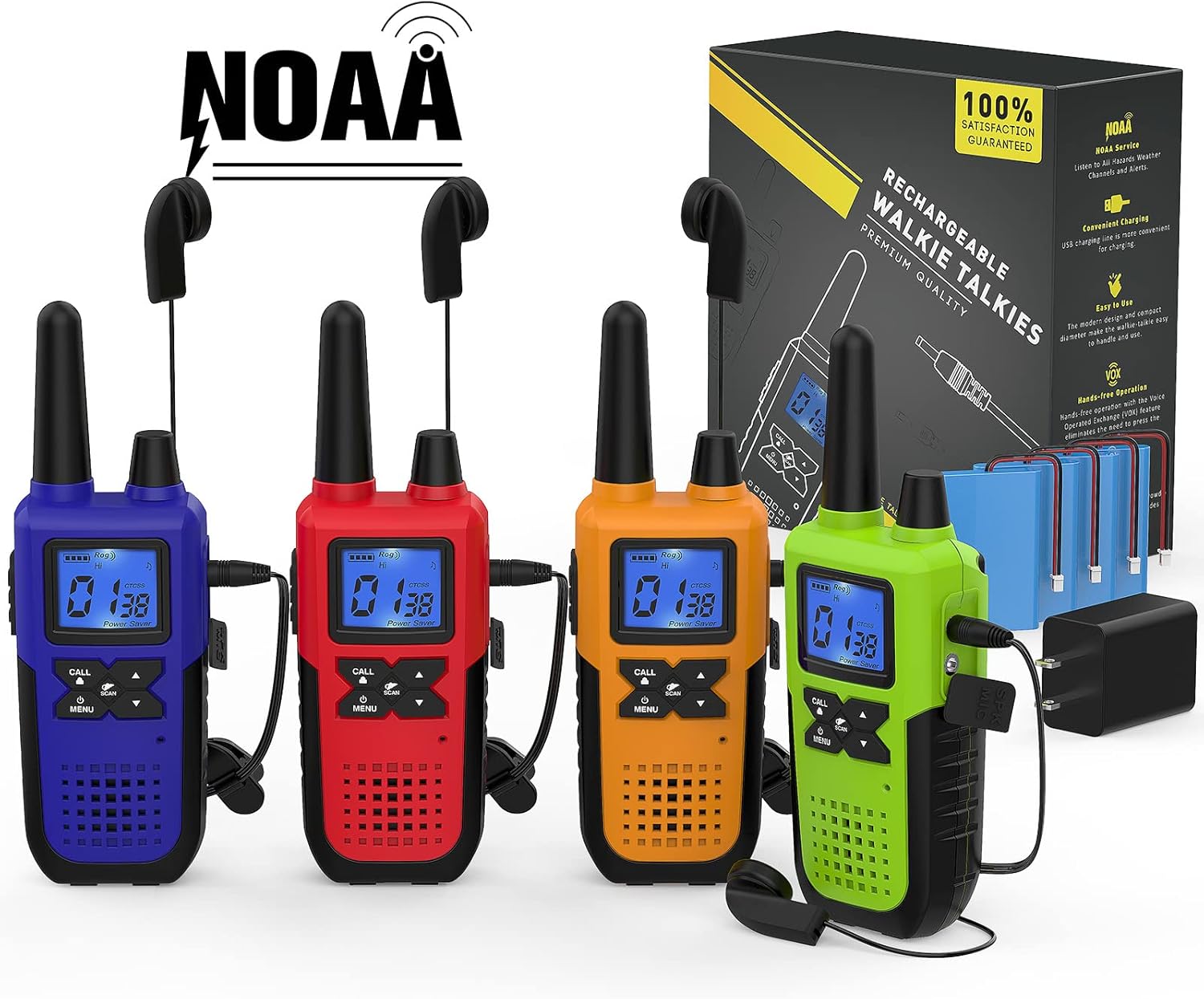 4 Long Range Walkie Talkies Rechargeable for Adults - NOAA 2 Way Radios Walkie Talkies 4 Pack