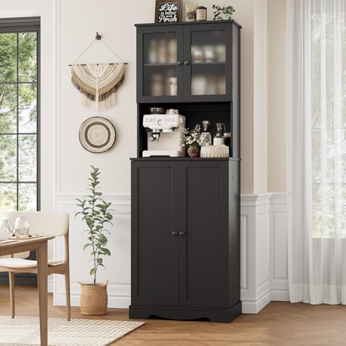 HOSTACK 71'' Pantry Cabinet, Tall Storage Cabinet with Microwave Stand, Freestanding Kitchen Hutch with Doors and Adjustable Shelves