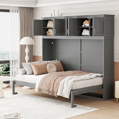 Harper & Bright Designs Full Size Murphy Bed Wall Bed with Storage Cabinets, Space-Saving for Multipurpose Guest Room Bedroom or Home Office, Gray
