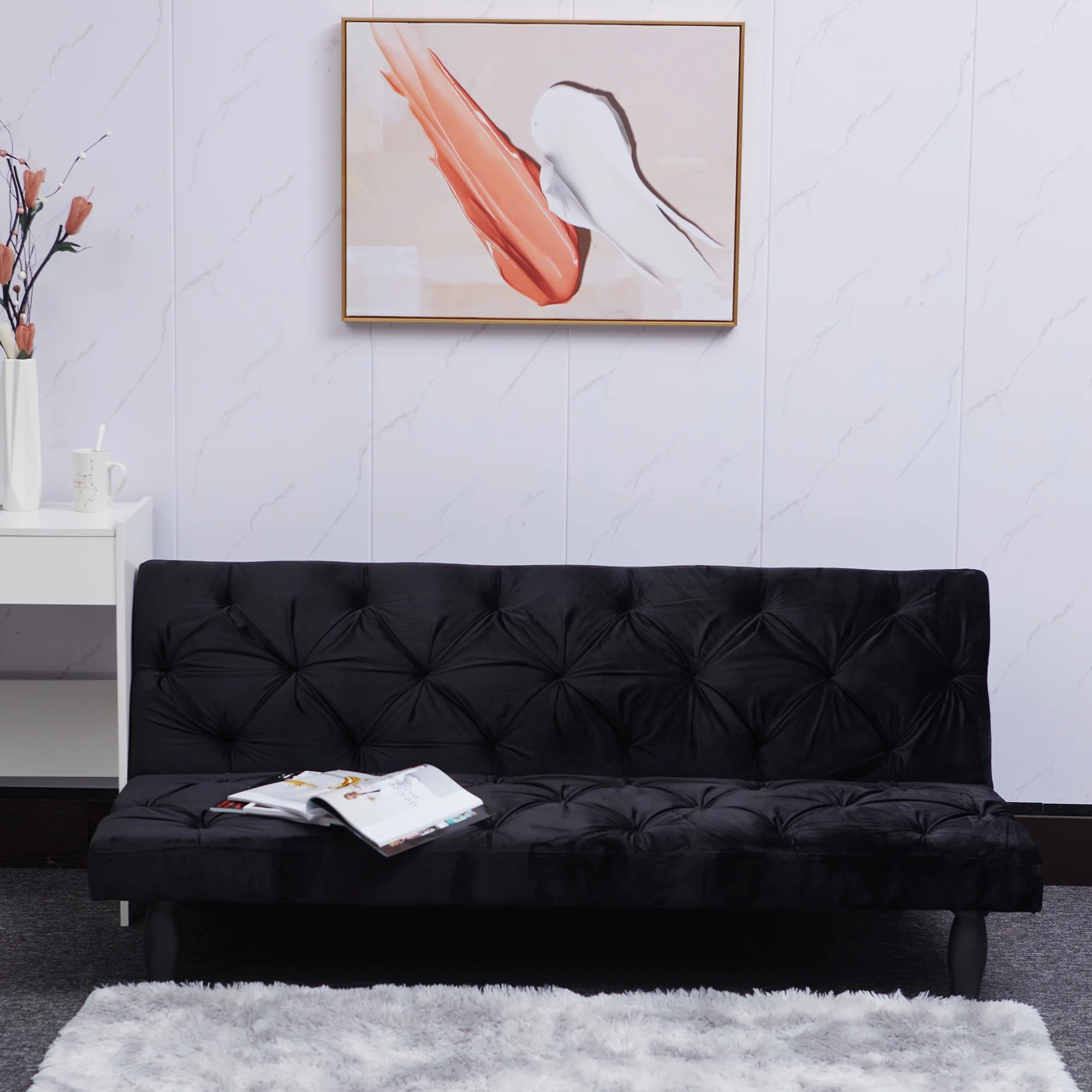 Pouseayar Futon Sofa Bed, 66" Sleeper Sofa, Loveseat, Velvet Couches for Living Room, Bedroom, Black