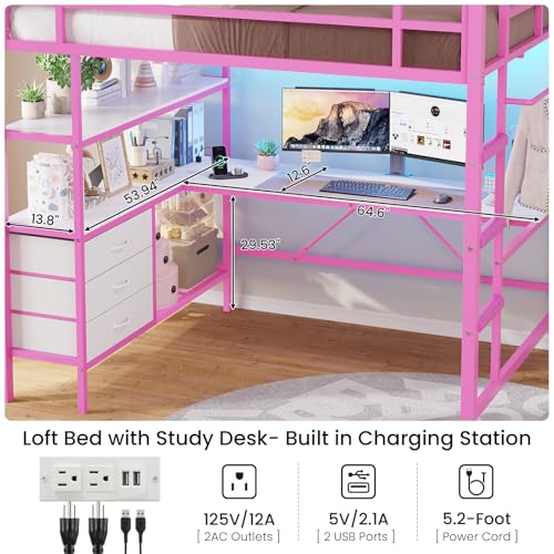 DICTAC Loft Bed Full Size with L-Shaped Desk and Charging Station Full Metal Bed Frame with LED Lights,Open Shelves and 3 Fabric Storage Drawers