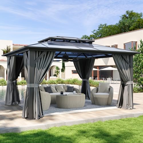 Aoxun 12'x10' Hardtop Gazebo, Aluminum Frame Permanent Pavilion with Curtains and Netting, Outdoor Polycarbonate Double Roof Canopy