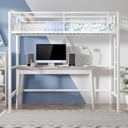 VECELO Loft Bed Twin Size, Metal Bedframe with Removable Ladder and Safety Guardrail, No Box Spring Needed, Space Saving, Noise Free, Pink