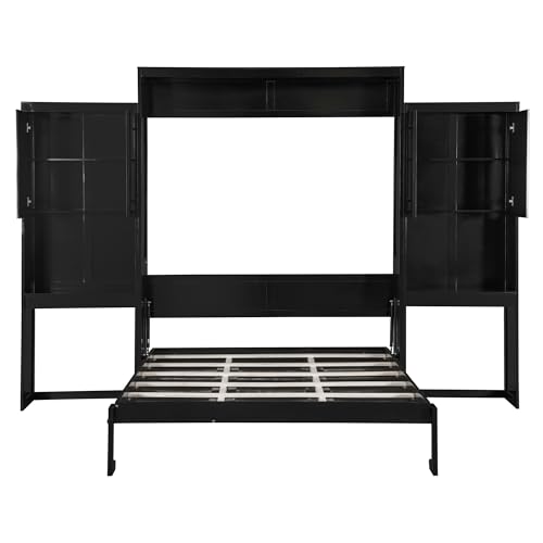 SOFTSEA Queen Size Murphy Bed with Desk and Storage, Wood Queen Wall Bed Frame with Vanity & Shelves, Space-Saving for Guest Room, Bedroom or Office