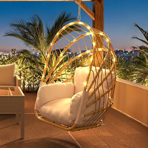 YITAHOME Hanging Egg Chair Without Stand, Rattan Wicker Swing Egg Chair with Light String & Resistant Cushion, 300lbs Capacity