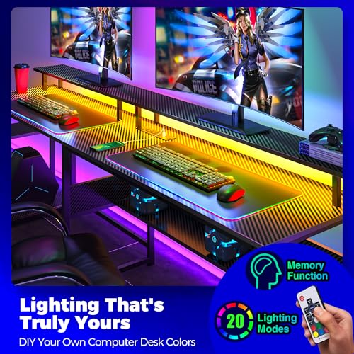 Rolanstar Computer Desk 56.7" with LED Lights and Power Outlets, Carbon Fiber Surface, Reversible L Shaped Gaming Desk with Monitor Stand