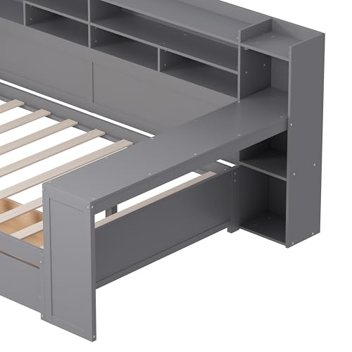 Bellemave Twin Corner Bed Frame with Storage Shelves and Desk, Wood Twin Size Daybed with Bookcase and Drawers and Storage, Gray
