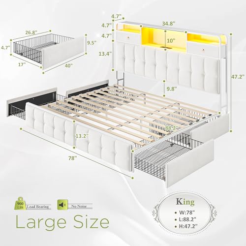 EnHomee King Size Bed Frame with 4 Storage Drawers King Bed Frame with Headboard Built in Charging Station and LED Lights, No Noise