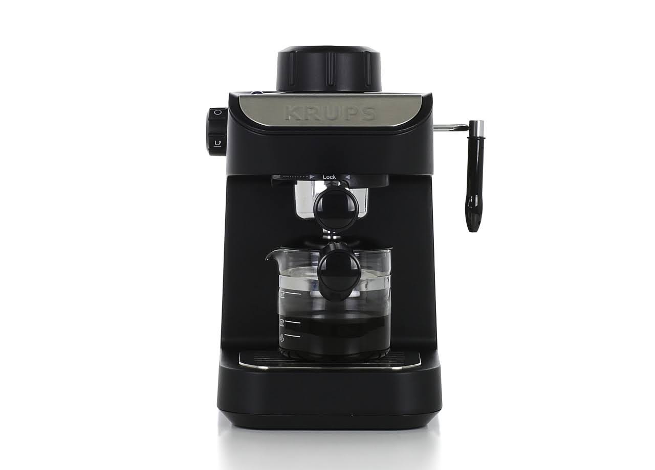 Krups XP1020 Steam Espresso Machine with Glass Carafe, 4-Cup, Black