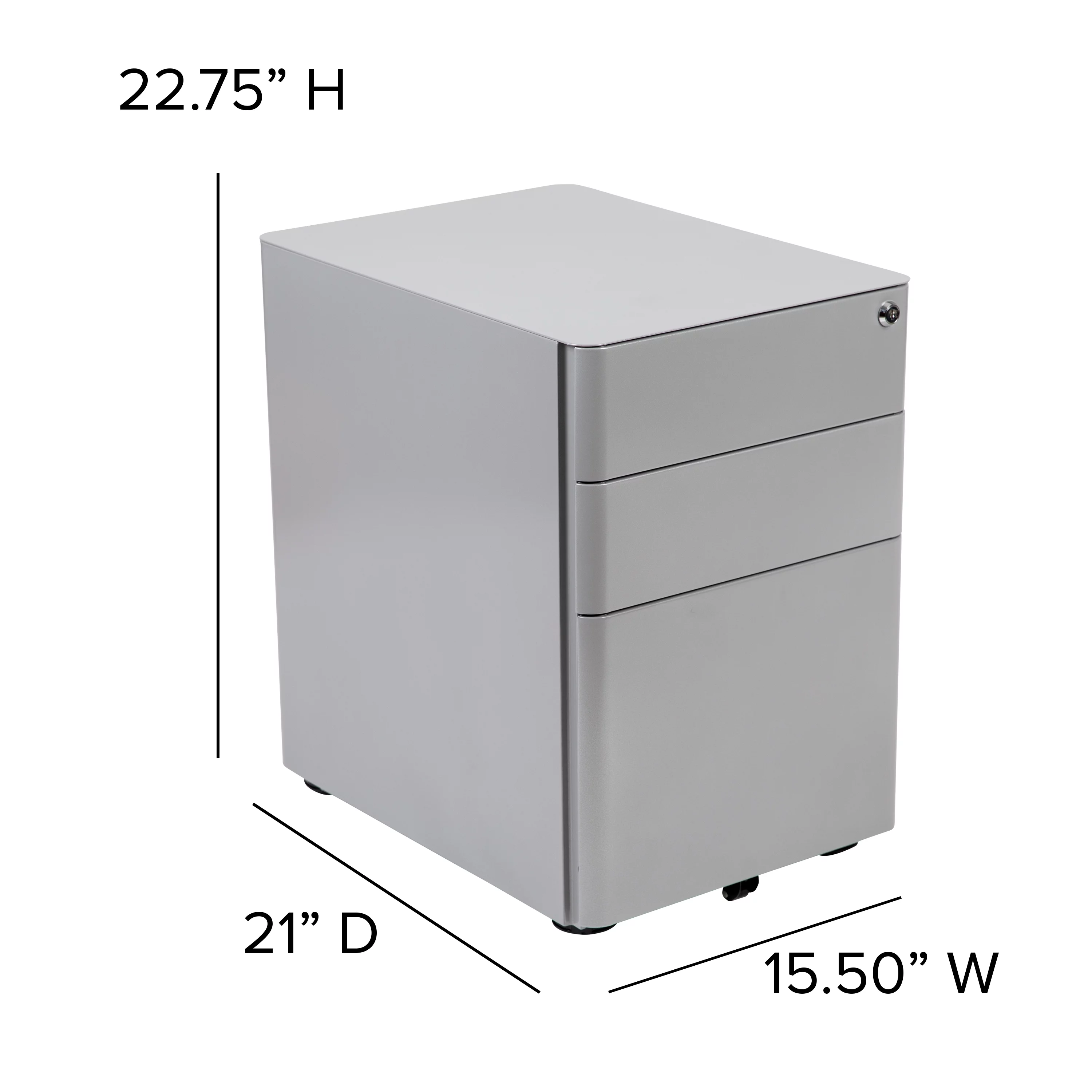 BizChair Modern 3-Drawer Mobile Locking Filing Cabinet with Anti-Tilt Mechanism and Hanging Drawer for Legal & Letter Files, Gray