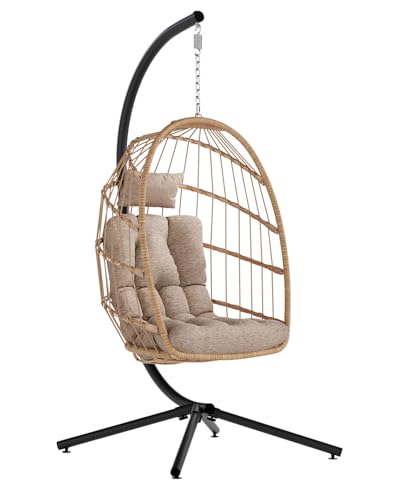 SWITTE Egg Chair Outdoor with Stand, Indoor Wicker Hanging Egg Swing Chair with Cushion, 350lbs Capacity for Patio, Bedroom, Garden - Gray