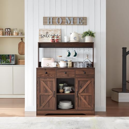 Wnutrees 39" Farmhouse Coffee Bar Cabinet with 3 Drawers and Charging Station
