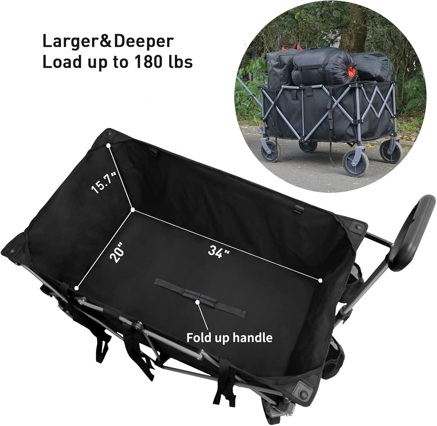ROMISS Folding Wagon Cart Heavy Duty Collapsible Utility Wagon Outdoor Camping Garden Cart with Universal Wheels for Camping, Sports, Shopping - Black