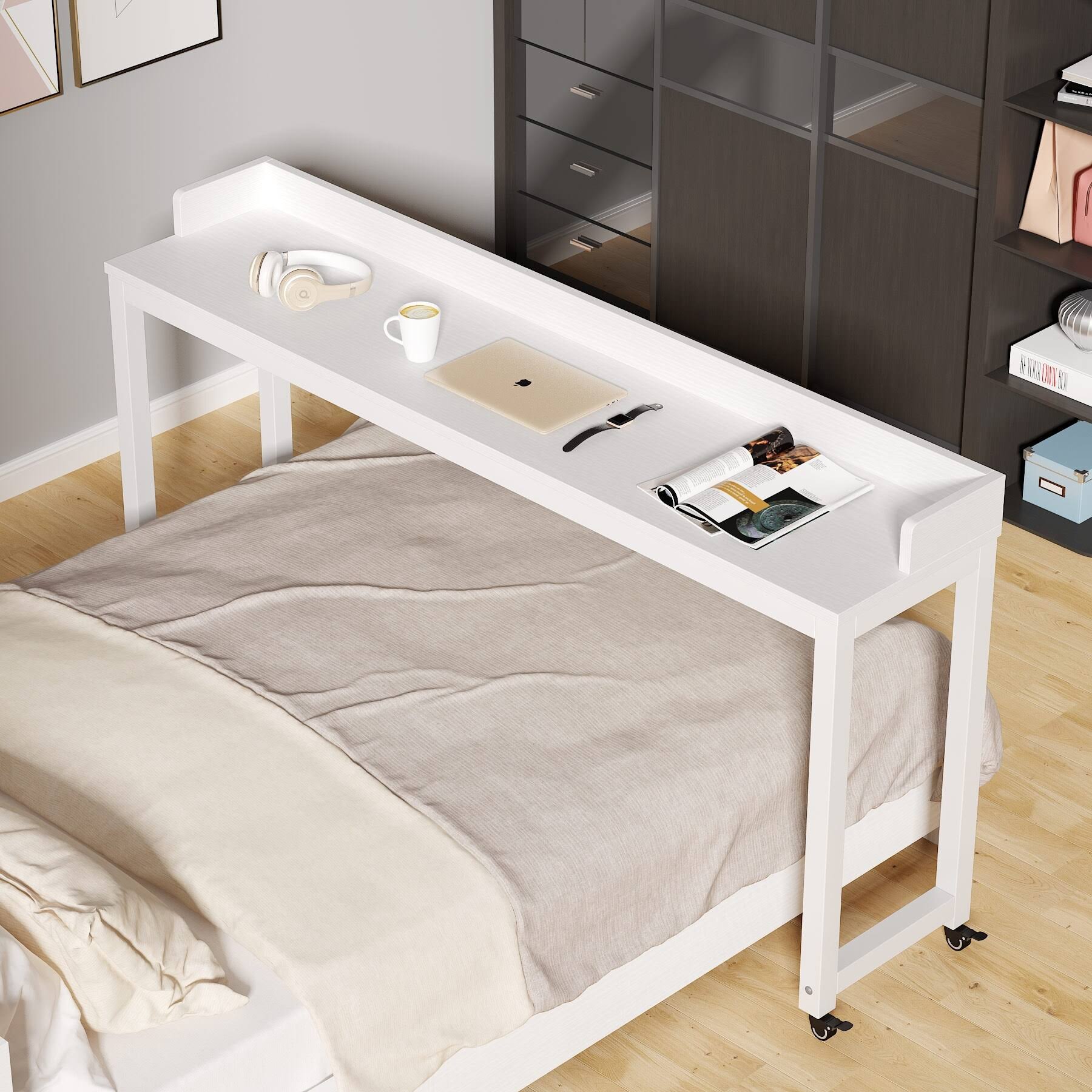 Overbed Table with Wheels, Tribesigns Queen Size Bed Table Overbed Laptop Table (Height Can&t ADJUST) - White