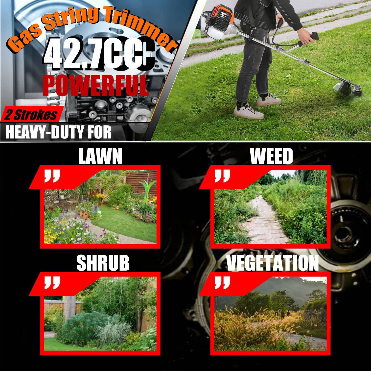 42.7cc Gas Weed Wacker, 2 in 1 Weed Eater 2-Cycle Gas Powered Grass Trimmer, Adjustable Straight Shaft Gasoline Powered Weed Eater