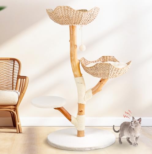 Real Wood Modern Cat Tree Tower, Cat Scratching Post with Bed for Indoor Cats Large Adult, Solid Wooden Climbing Tower, Cute Wicker Condo