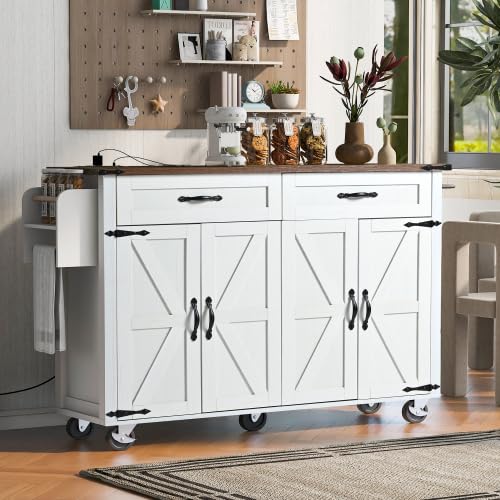 Bellemave Kitchen Island with Storage Cabinet on Wheels, 53.5'' Mobile Kitchen Cart with Power Outlet, Drop Leaf, Spice/Towel Rack and Drawer