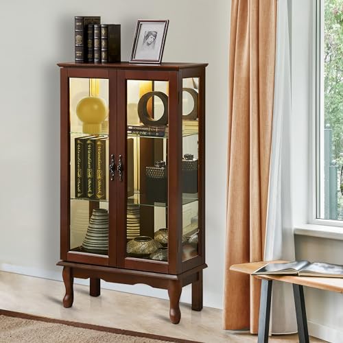 Wooden Lighted Curio Display Storage Cabinet with 3-Tier Adjustable Shelves Mirrored Back Panel, Tempered Glass, Magnetic Door Closures, Floor Mount