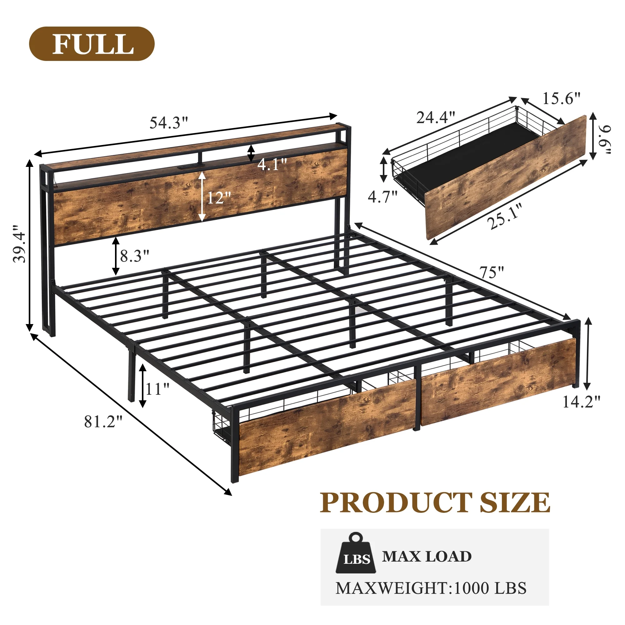 Full Size Bed Frame with Storage Headboard Charging Station USB Outlet
