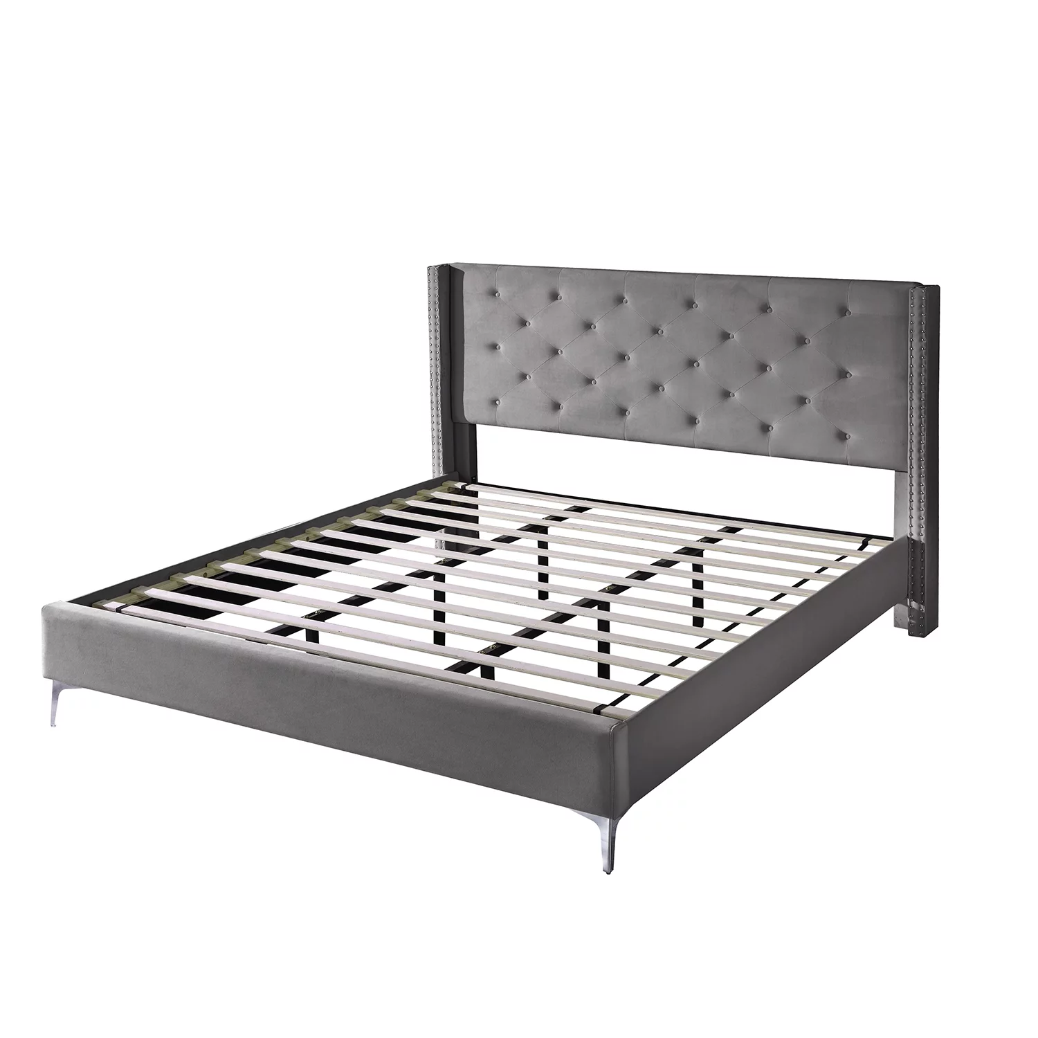 Morden Fort Wood Platform Bed Frame with Upholstered Headboard California King Gray