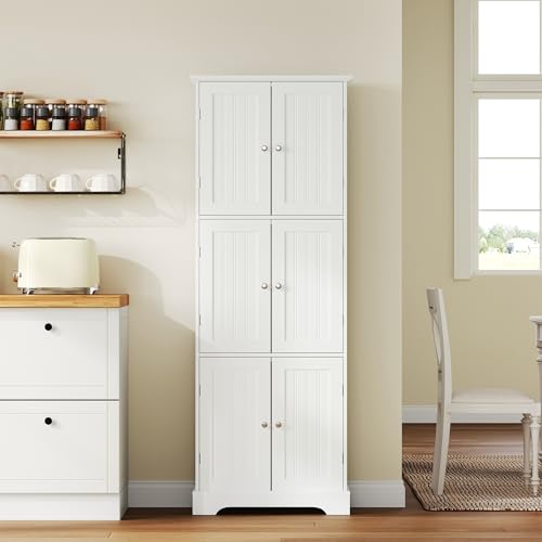 ChooChoo Tall Bathroom Storage Cabinet with 6 Doors, Freestanding Floor Cabinet with Adjustable Shelves, White Pantry Cabinet for Bathroom, Kitchen