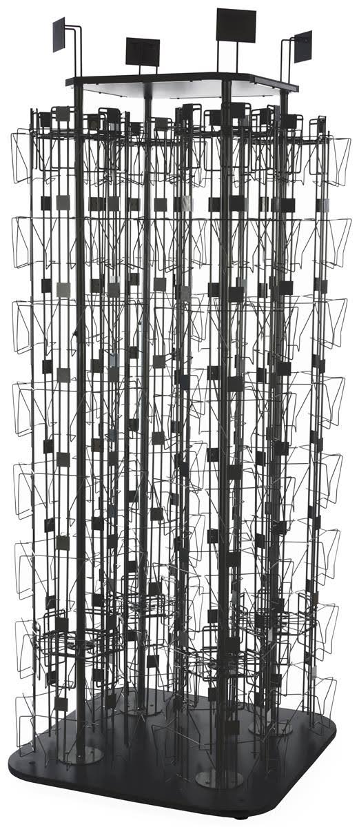 Displays2go Floor Standing Card Rack, Tiered Design, Steel Wire, Melamine, MDF Black Finish (swr199pbk)