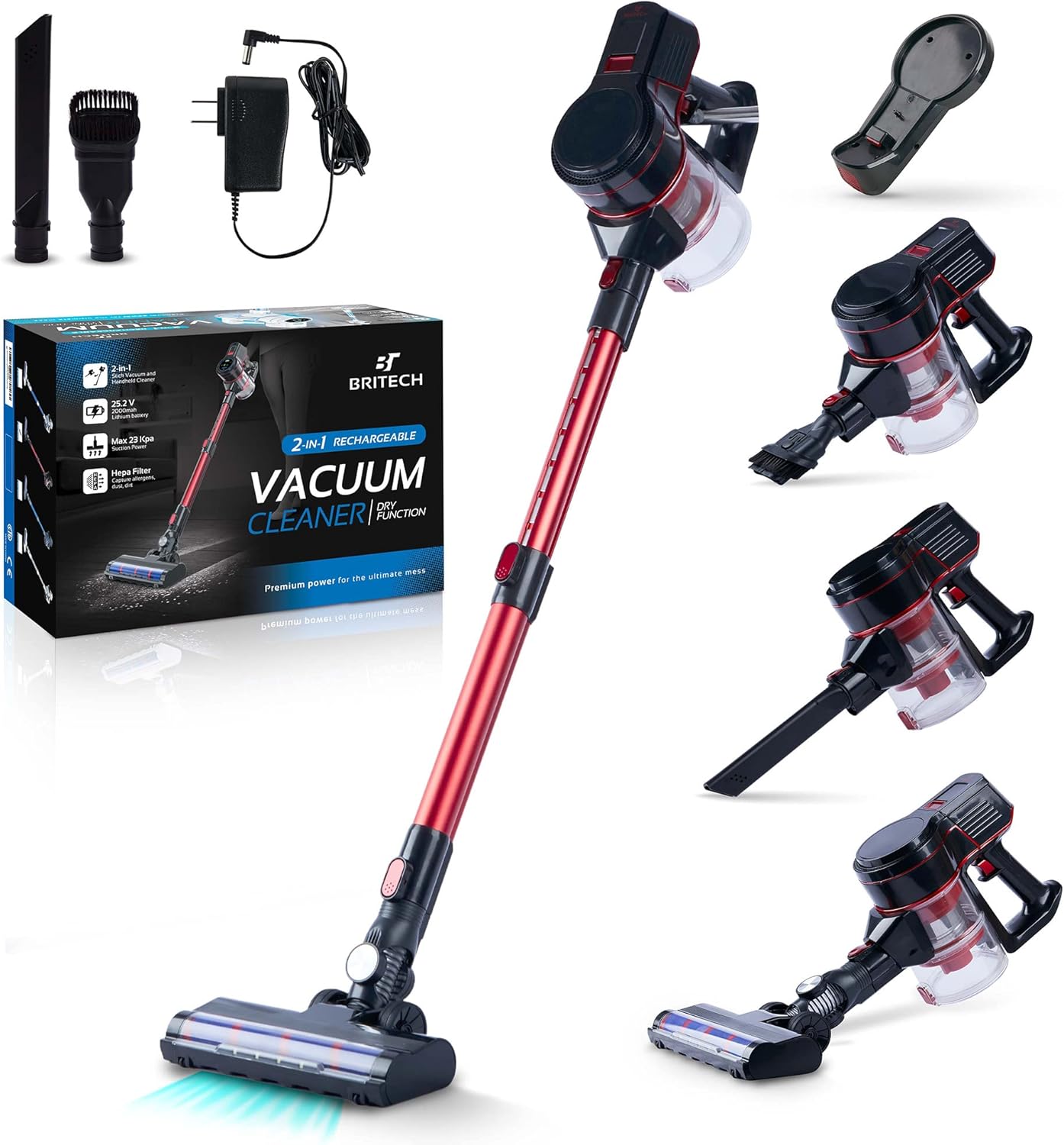 Britech Cordless Lightweight Stick Vacuum Cleaner, 250W Motor for Powerful Suction 30min Runtime, LED Display Screen & Headlights