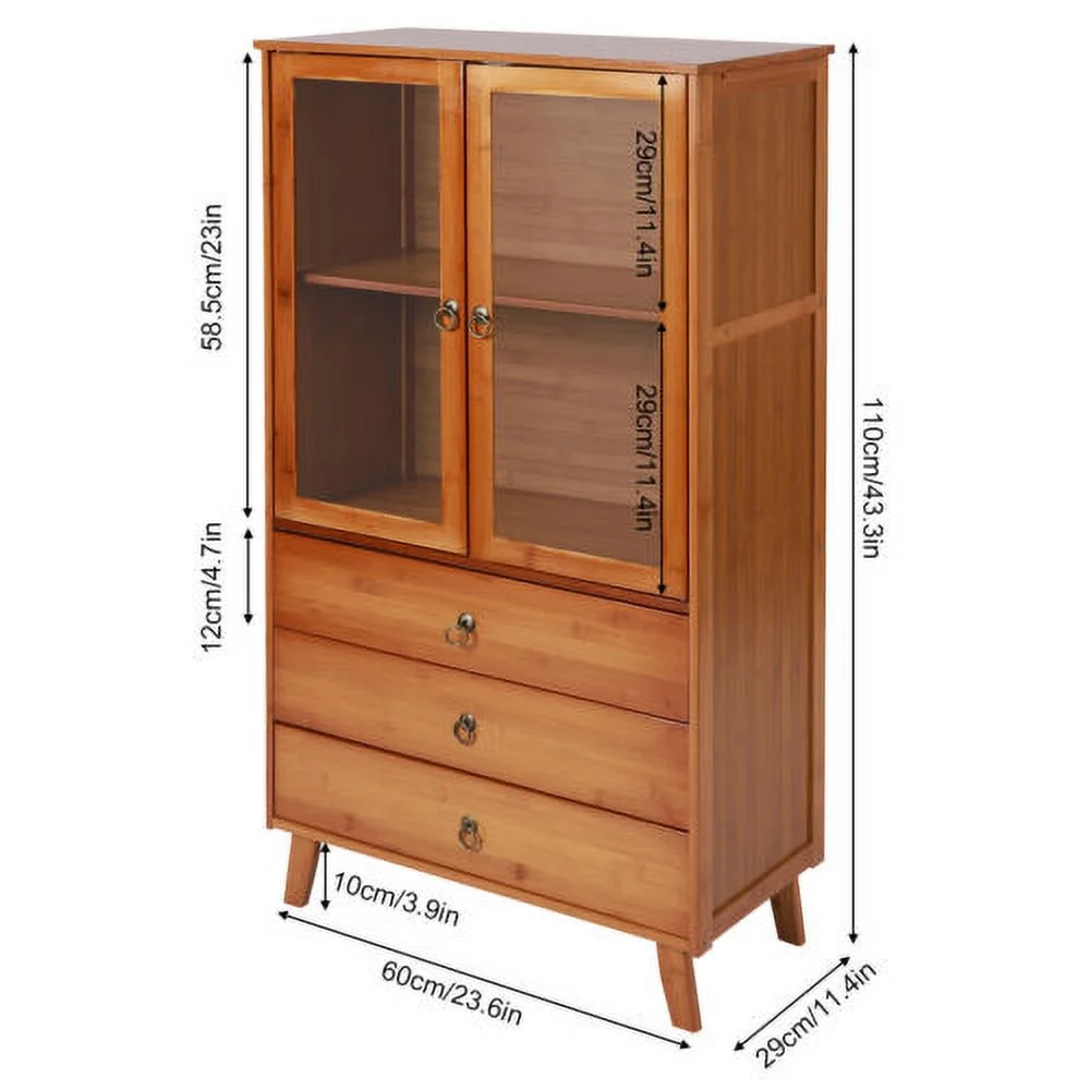 Wooden Storage Pantry Cupboard with 3 Drawers, Cabinets & 2 Acrylic Doors Brown