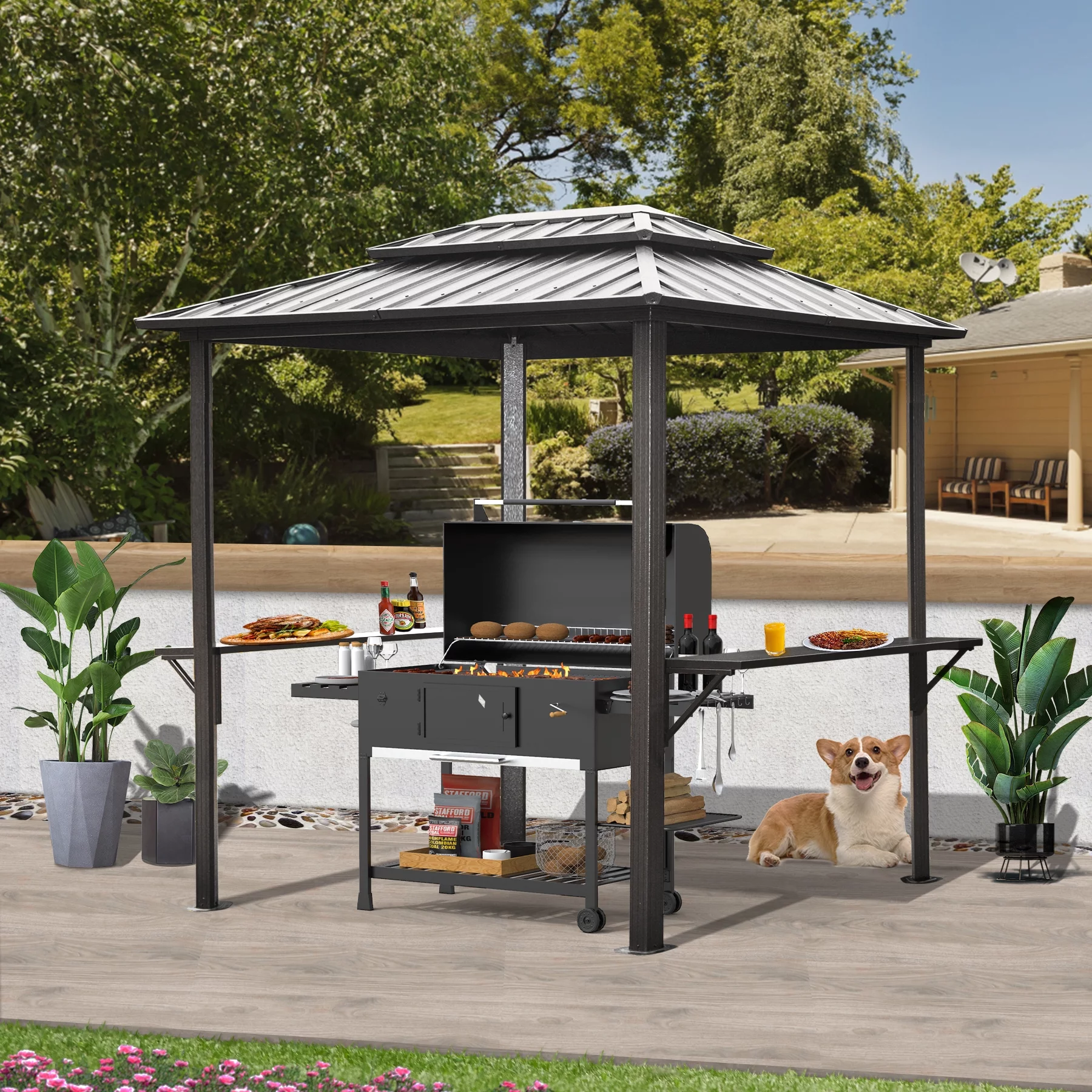 Domi Grill Gazebo 8'  6', Aluminum BBQ Gazebo Outdoor Metal Frame with Shelves Serving Tables