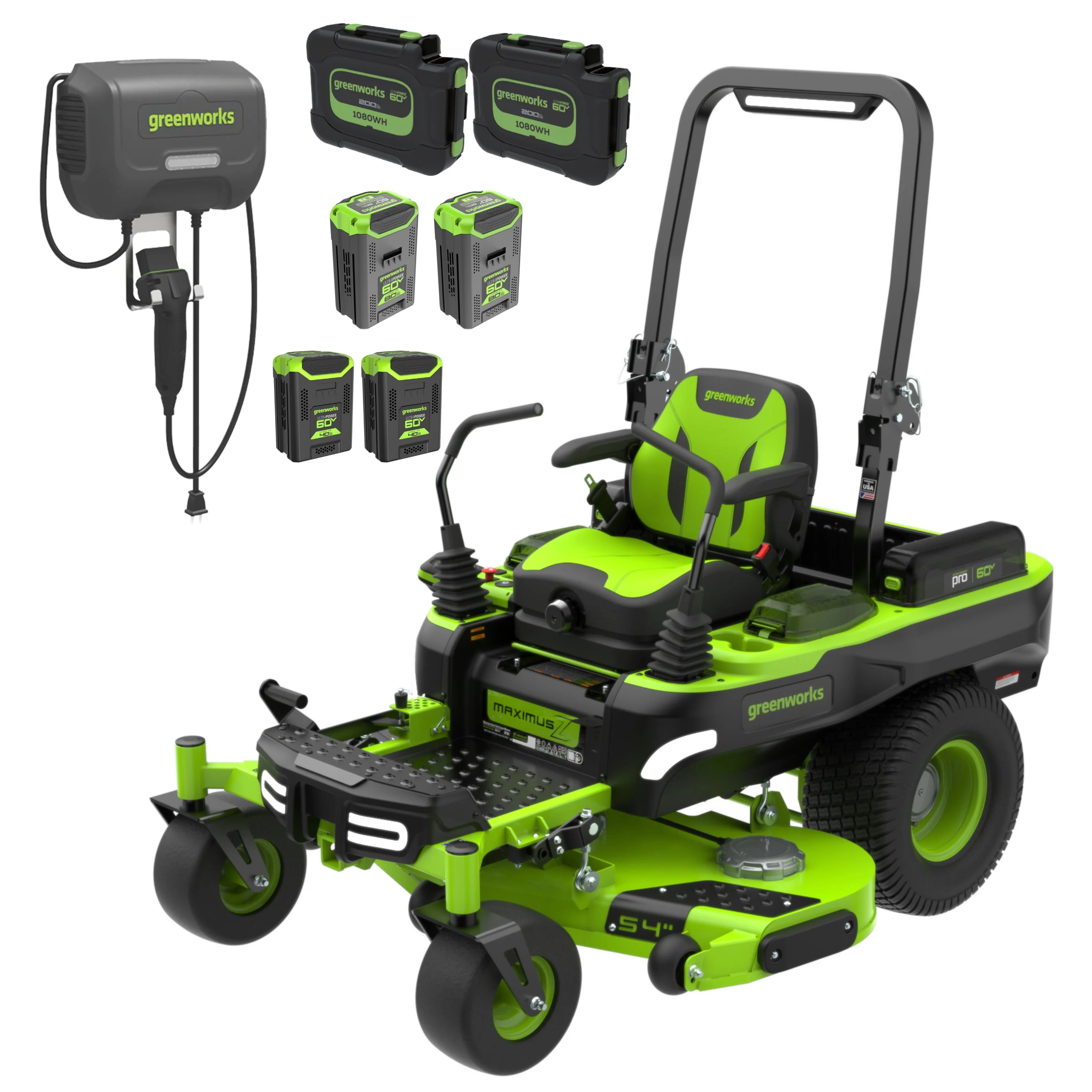Greenworks 60V 54 MaximusZ Zero Turn Riding Mower with (2) 20.0 Ah, (2) 8.0 Ah & (2) 4.0 Ah Batteries and 1.5kW Charger 7422302