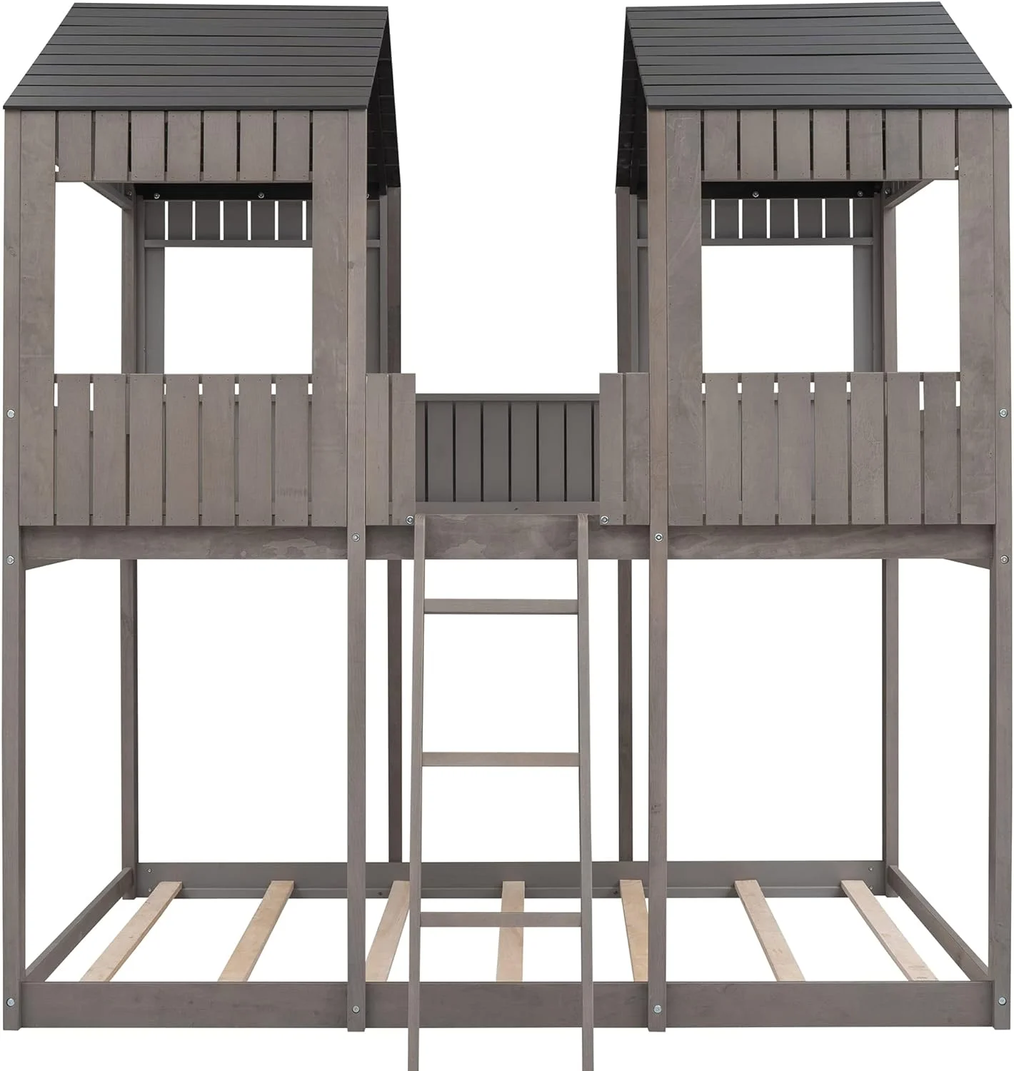 House Bunk Bed Full Over Full Size, Wooden House Bunk Beds Frame With Roof And Guard Rail, Floor Bunk Bed Frame For Kids, Teens