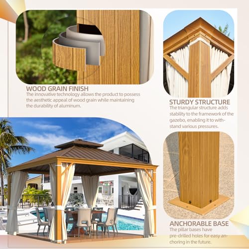 YOLENY 10' x 12' Hardtop Gazebo, Metal Gazebo with Aluminum Frame, Double Galvanized Steel Roof, Curtains and Netting Included