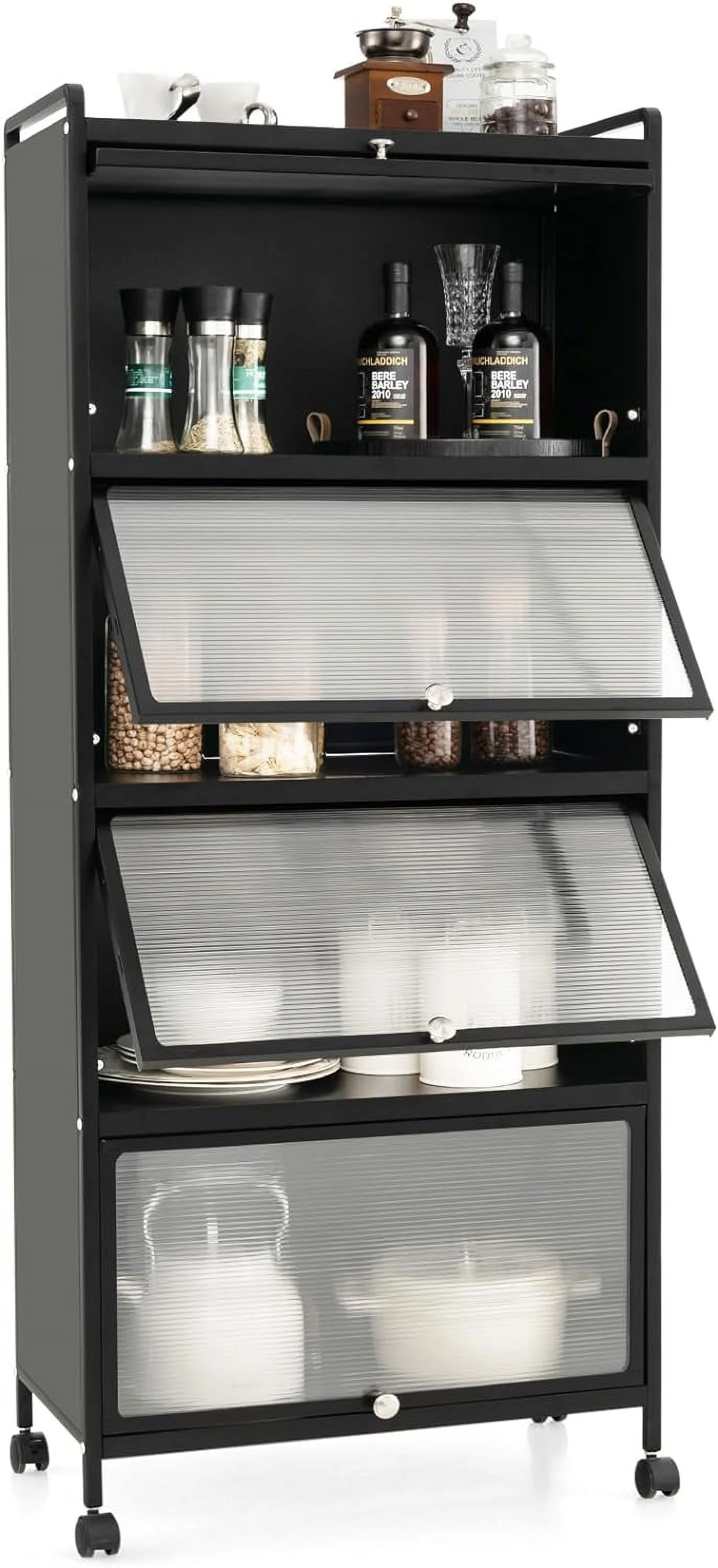 TJUNBOLIFE 5-Tier Kitchen  Cabinet  Freestanding Baker\u2019s Rack with 4 Rolling Casters  Mobile Microwave Stand with Double Anti-toppling Device