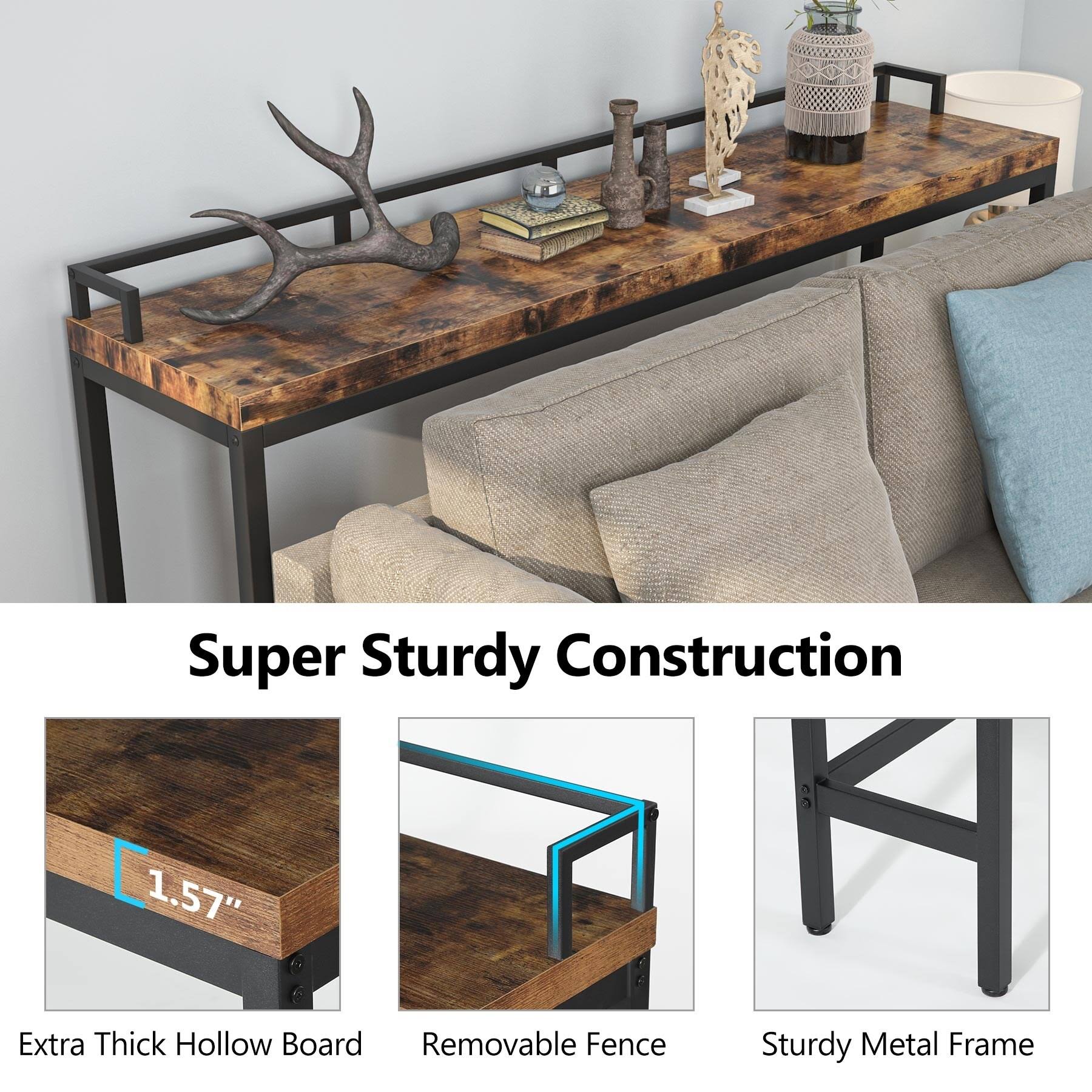 Narrow Sofa Couch Table, Long Console Table, Entrance Table, Bar Dining High Table - Brown