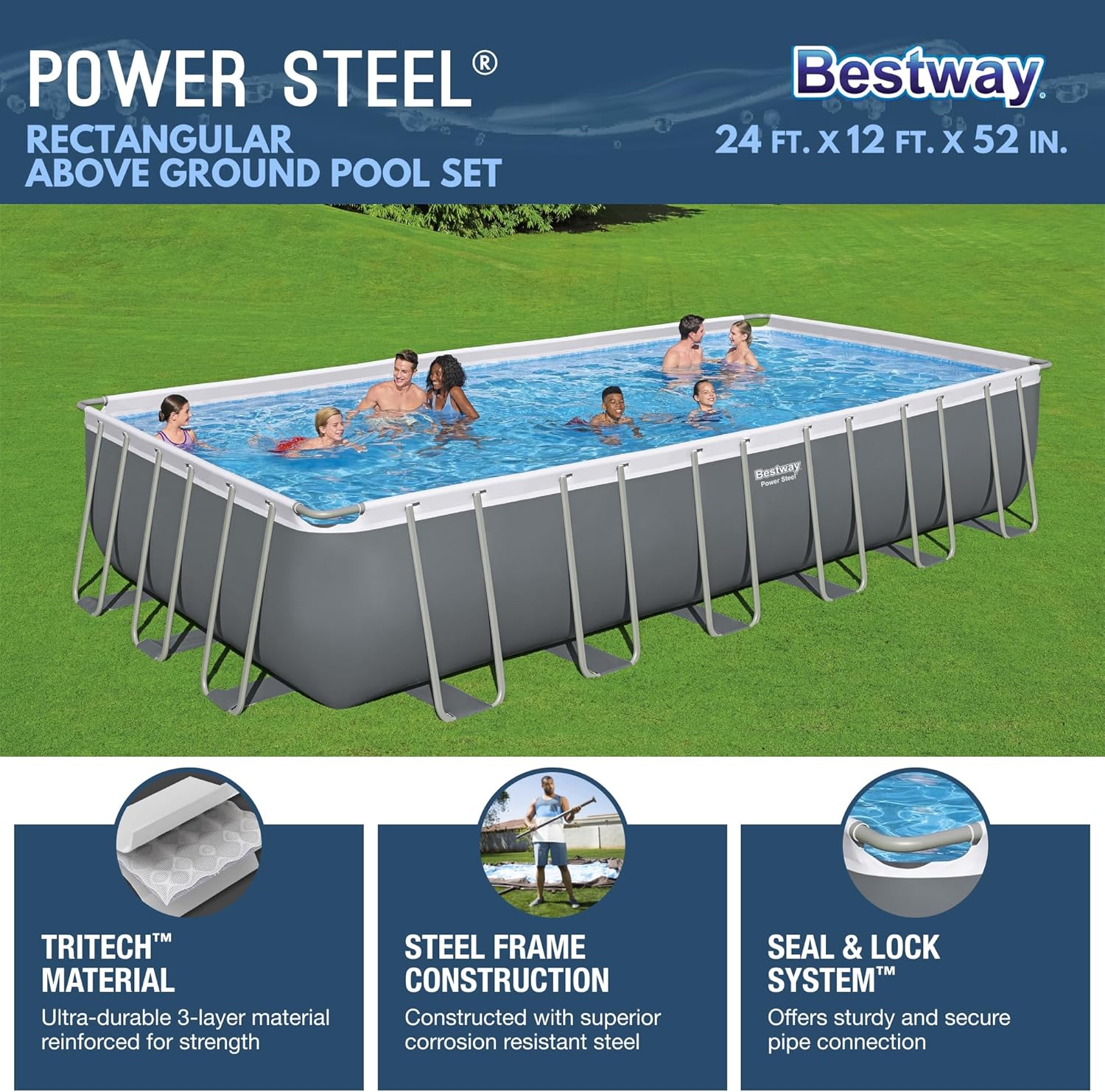 Bestway Power Steel 24' x 12' x 52" Rectangular Metal Frame Above Ground Swimming Pool Set with 1500 GPH Sand Filter Pump, Ladder, and Pool Cover