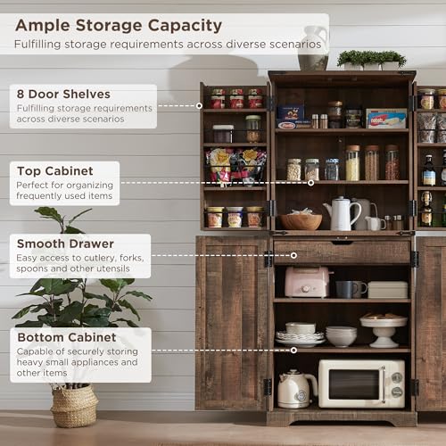 72" Tall Kitchen Pantry, Farmhouse Storage Cabinet with Barn Doors, Organizer, Drawer and Adjustable Shelves, Rustic Wood Cupboard for Kitchen