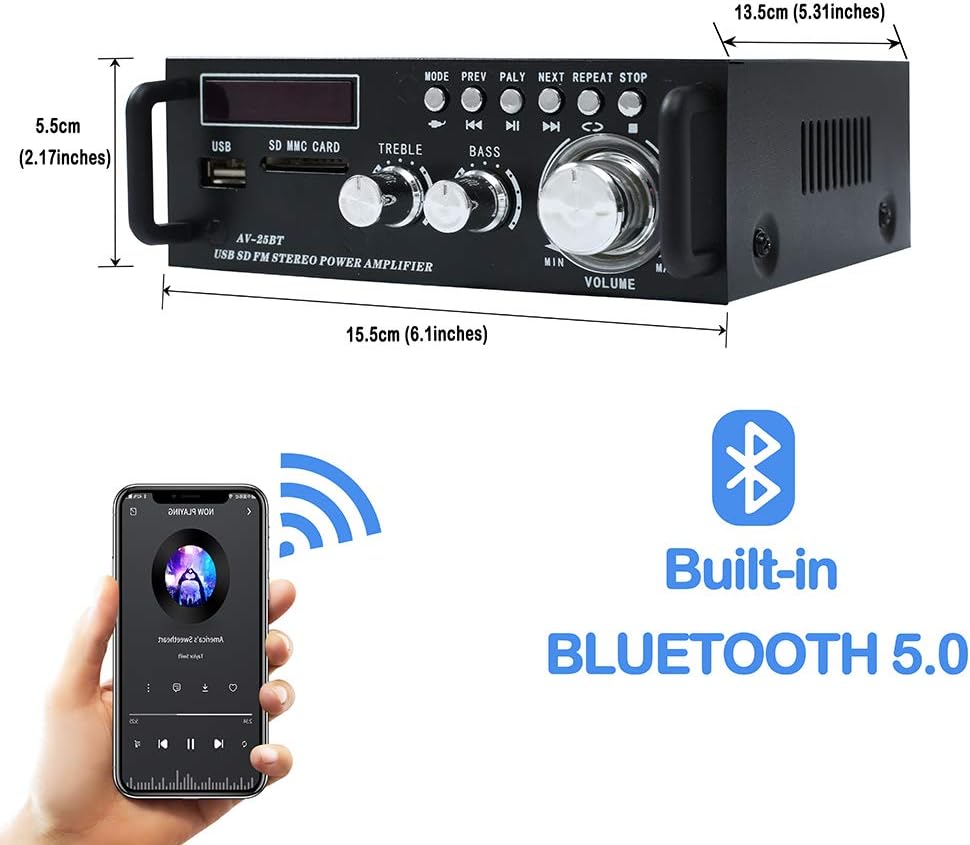 Wireless Bluetooth 5.0 Stereo Amplifier System – 200W Hi-Fi Dual Channel Sound Power Audio Receiver w/USB, SD Card