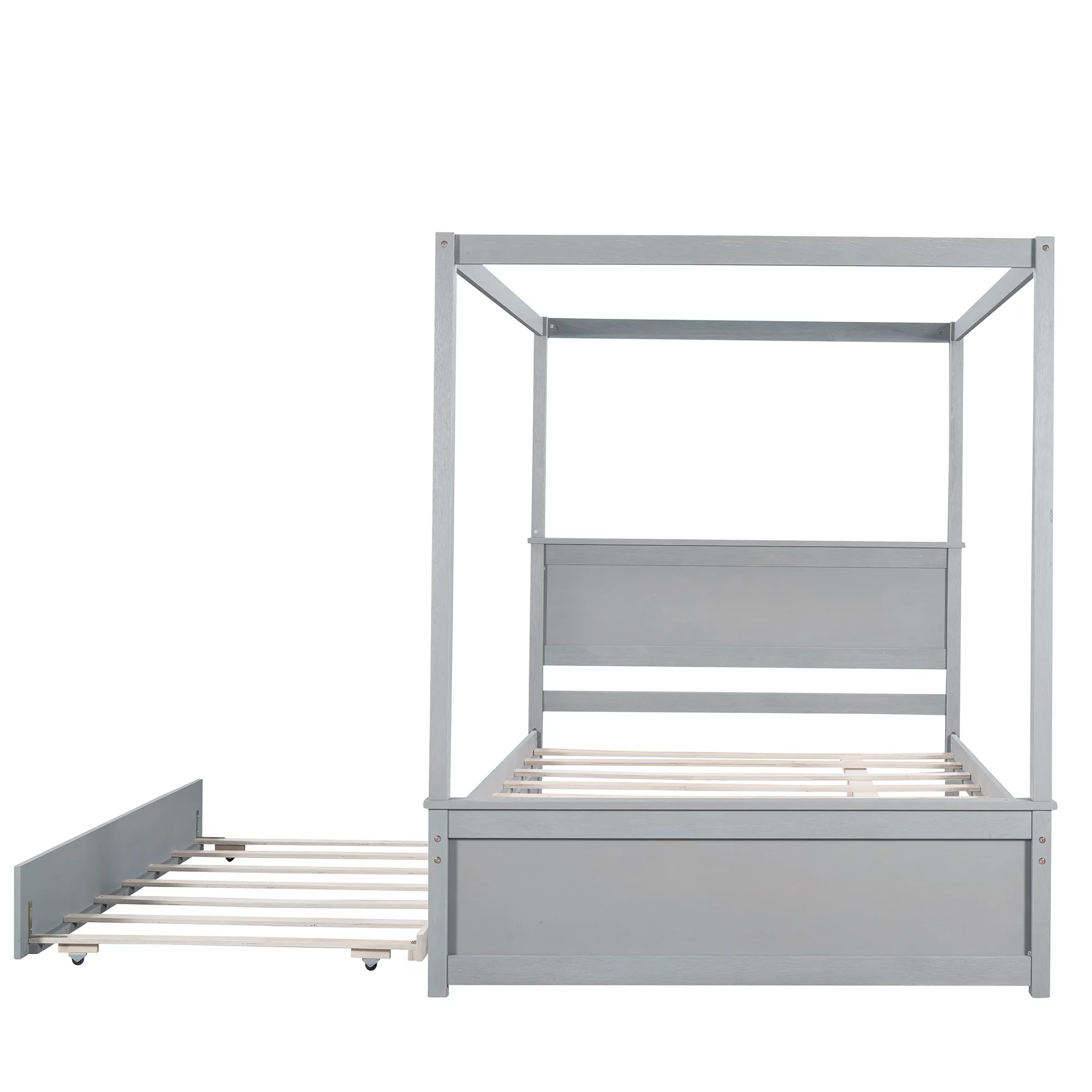 Dcenta Wood Canopy Bed with Trundle Bed ,Full Size Canopy Platform bed With Support Slats .No Box Spring Needed, Gray
