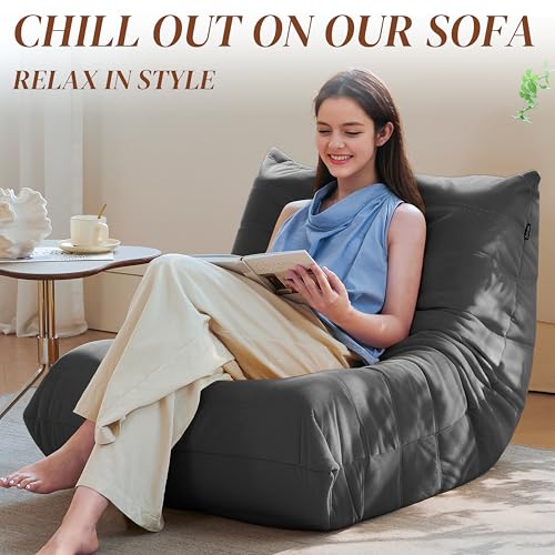 Bean Bag Chair for Adults - Suede & Microfiber Fireside Floor Chair, Comfortable Corner Lounge Sofa for Living Room, Bedroom, Office (3-Seater, Beige)