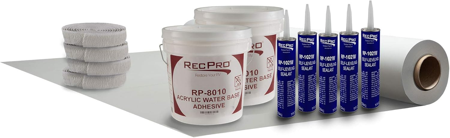 RecPro Extreme Duty RV Camper Rubber Roof Kit 9.5' Wide x 5 ft - 40 ft | 1 Gallon 8010 | 4 Tubes 1021 | 2 Rolls of Butyl 30' | PVC Rubber Roof (10 ft)