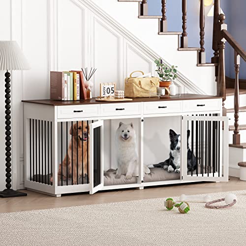 Large Dog Crate Furniture, 86.6 Inch Large Wooden Dog Kennel with Drawers & Divider