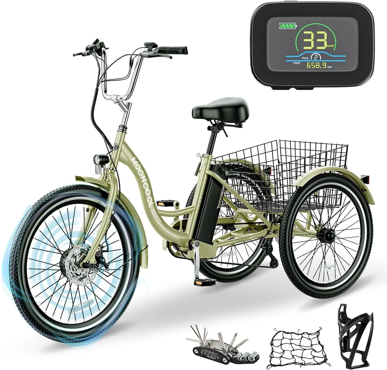 MOONCOOL 350W Motorized Electric Trike, 7 Speed 3 Wheel Electric Bicycle with 36V 14.5Ah Lithium Battery UL Certified