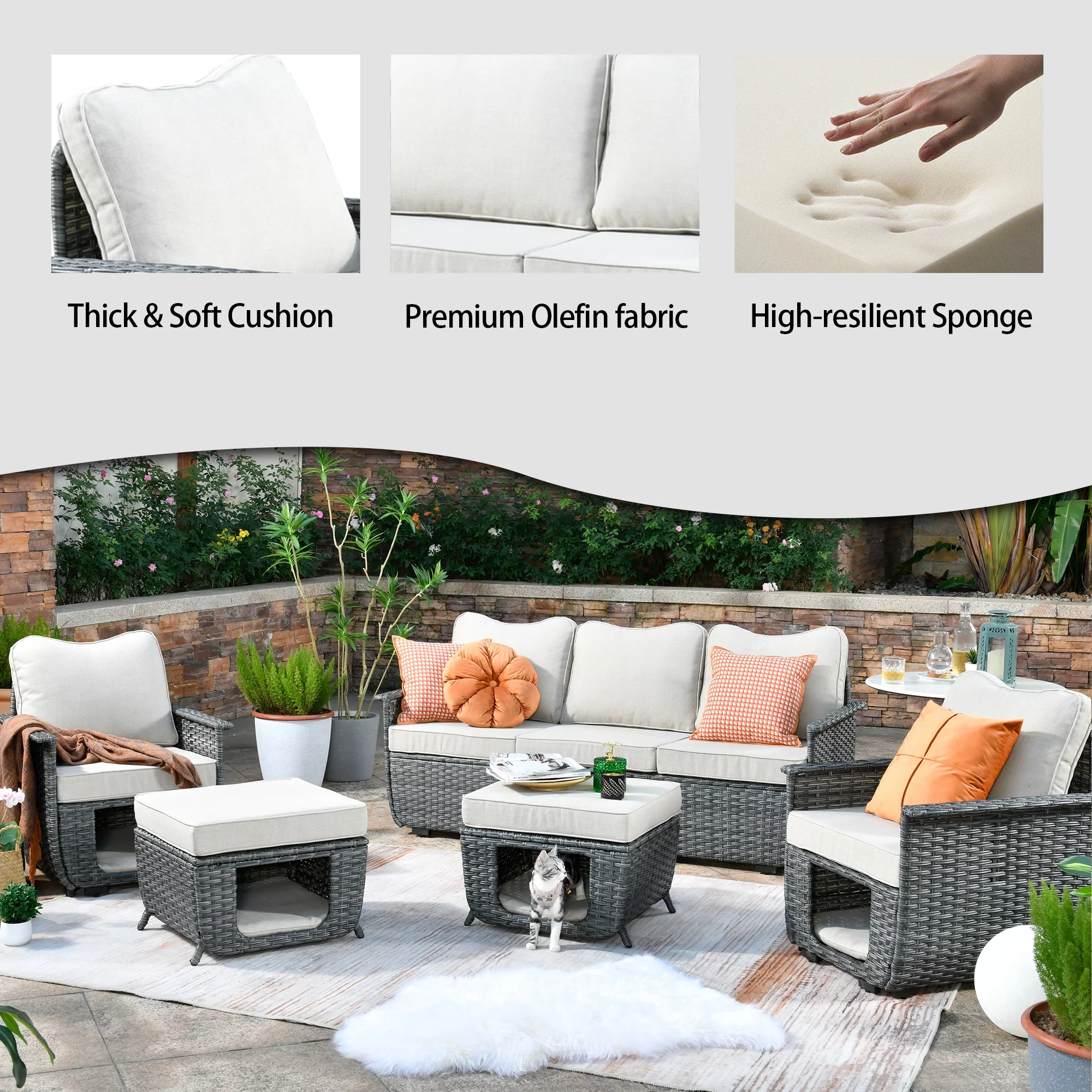 Ovios 5 Pieces Outdoor Furniture All Weather Wicker Patio Conversation Sectional Sofa Set with Storage Box for Garden Backyard