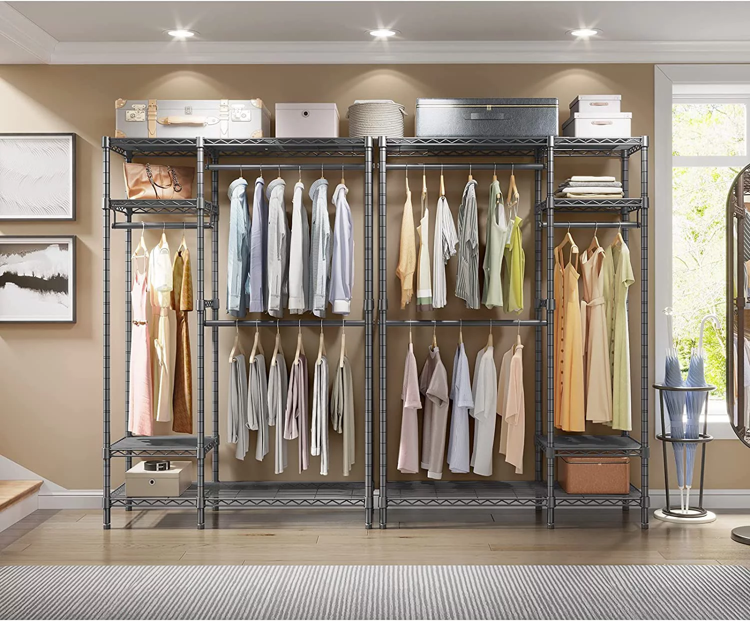 V2S Garment Rack Heavy Duty Metal Clothing Rack, 4 Tiers Wire Shelving Clothes Rack with 3 Hanging Rods
