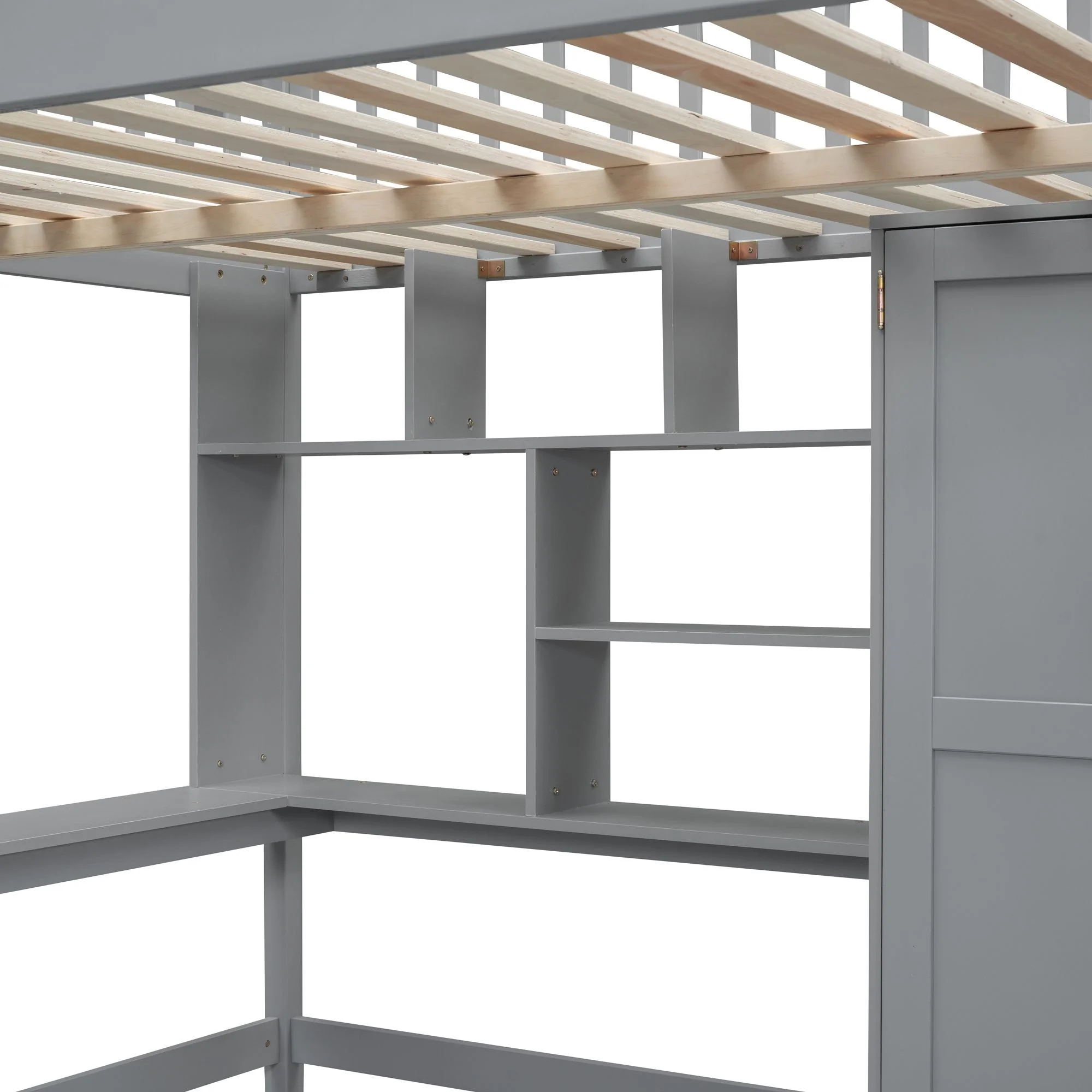Full size Multifunctional High Loft Bed with Under-bed Desk, Shelves and Wardrobe, Sturdy Wooden Loftbed Frame with Bookshelf