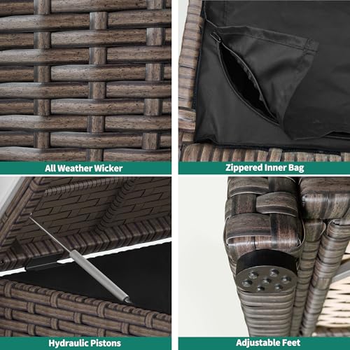 YITAHOME 90 Gallon Outdoor Wicker Storage Bench w/Cushion, Large PE Rattan Deck Storage Box w/Handles & Hydraulics for Patio Furniture, Cushions