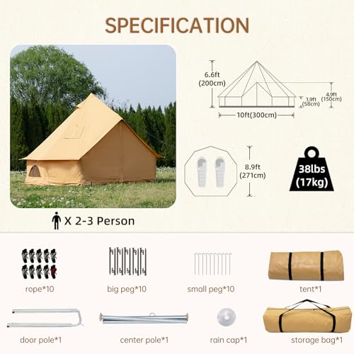 Cotton Canvas Bell Tent with Stove Jack, Roomy Yurt for Family Glamping Camping, 4 Season Tent with Zipped Removable Floor